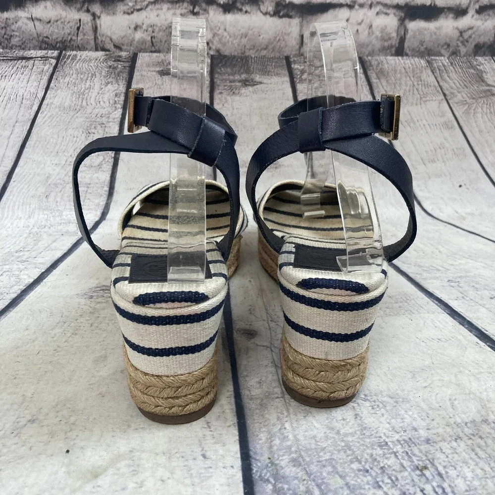 Tory Burch Sandal Women sz 10B Leather Striped Espadrille Blue Ivory Ankle Strap